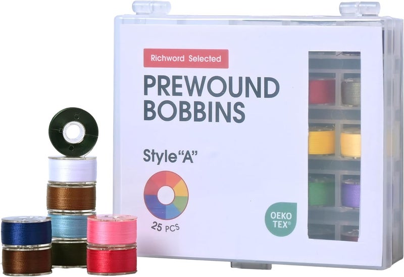 Poolin Richword Selected 25PCS Colors Size A Prewound Bobbins, Plastic Sided, 70D/2(60WT) Polyester Bobbin Thread for Single Needle Embroidery and Sewing Machine - Image 1